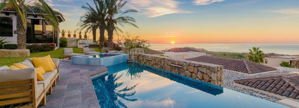 Sell your Baja Home - Berkshire Hathaway HomeServices Baja Real Estate Beachfront home in los cabos and sunset looking over the pool