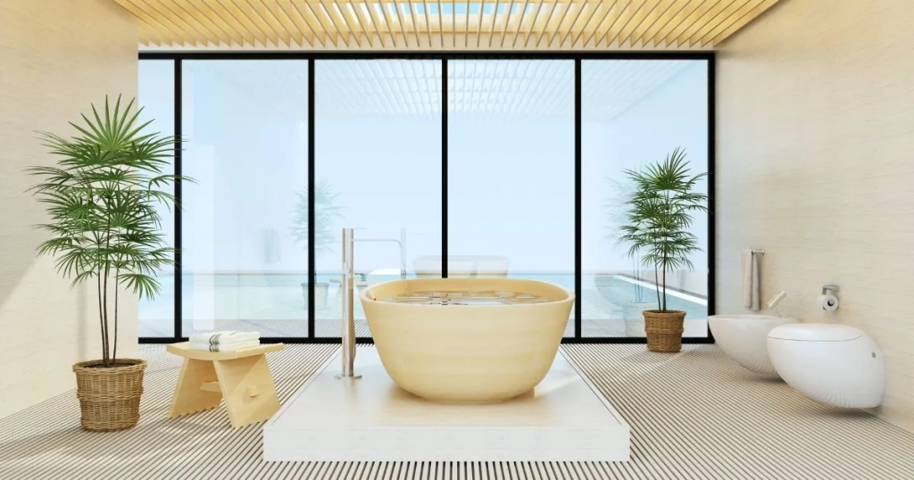 Bathroom in a luxury property with view towards the pool area